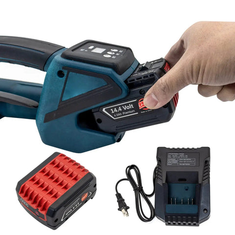 Heavy Duty Electric Strapping Gun Featuring Dual 4000mAh Batteries and 14.4V battery for efficient strapping operations.
