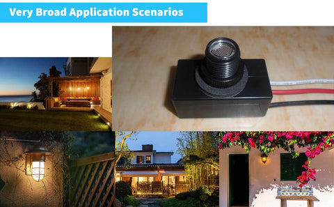Dusk To Dawn Photocell Sensor Switch For Outdoor Lighting With Waterproof Case 105 To 130 Volt Input Auto On At Dusk No Fuss Auto Off At Dawn Light Sensor for porches, gardens, patios, and fixtures