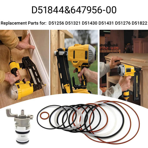 Top Shelf Universal O Ring Rebuild Trigger Valve Kit For Framing Nailers showing o rings and valve assembly with nailers in use.