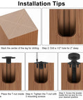Installation steps for Beefy 3/8-16 Thread Furniture Levelers With T Nut Kit Adjustable Feet, showing drilling and T-nut placement.