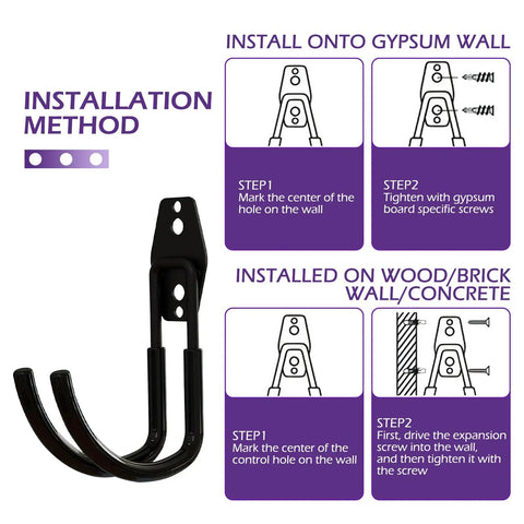Diagram showing installation method for 2 Pack Heavy Duty EV Charger Holder Wall Mounts on various wall types with J Hook Retractors.