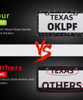 Comparison of Black Bling License Plate Frame Set blocking state names and stickers vs others