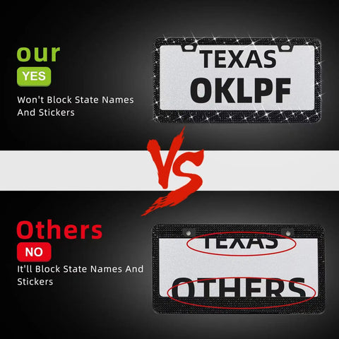 Comparison of Black Bling License Plate Frame Set blocking state names and stickers vs others