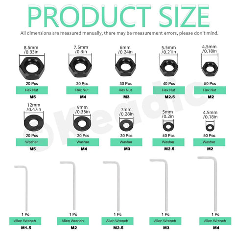 All In One Brass Heat Set Threaded Inserts M2 To M5 For Plastic And 3D Printing Includes 160 Hex Socket Head Cap Bolts 160 Nuts 160 Washers And 5 Allen Wrenches size chart