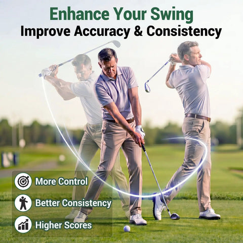 Golfer swinging on course; 20 Piece Golf Club Weight Set For Swing Weight Tuning With 2g 4g 6g 7g 8g Weights Slim 3mm Profile