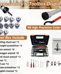 Benchtop Drilling Milling Machine With 1300W Brushless Motor Variable Speed 20 To 2250 RPM accessories and toolbox display with collets and tools.