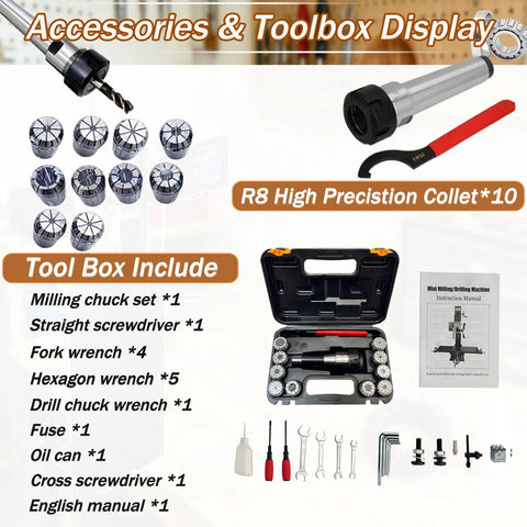 Benchtop Drilling Milling Machine With 1300W Brushless Motor Variable Speed 20 To 2250 RPM accessories and toolbox display with collets and tools.