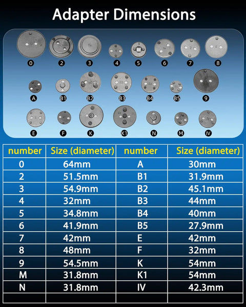 Adapter dimensions chart for 23 Piece Pneumatic Brake Caliper Wind Back Tool Kit With 22 Adapters, various sizes listed.