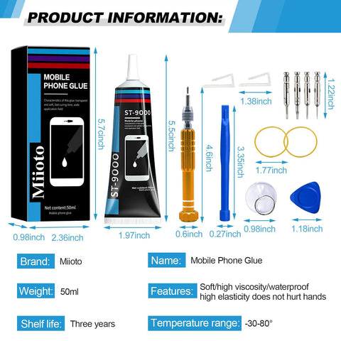 Phone Screen Repair Glue Kit With 50ml Black Adhesive And Disassembly Tools All In One Craft Adhesive Set For Electronics Phones And Tablets Fast Bonding Strong Hold Easy Cleanup DIY Friendly product dimensions and contents overview