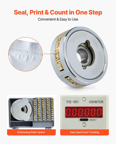 Embossing roller and digital counter for Beefed Up Continuous Bag Band Sealer With Adjustable Temperature And Speed 0.24 to 0.47 Inch Seal Width Vertical Roller Printing Sealing Machine For 0.001 to 0.03 Inch Plastic Bags 600W Motor Up To 52.5 Ft Per Minute
