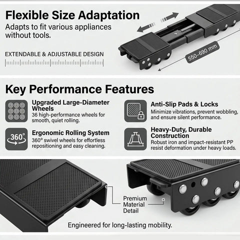 Heavy Duty Extendable Appliance Rollers With Thirty Six Upgraded Black Wheels For Moving Dryers Washing Machines Fridges And Furniture Sliding Gear, showing key features like adjustable design and durable wheels.
