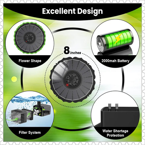 Sun Powered Solar Fountain Pump With 2000mAh Battery And Indicator LED, 3.5W Glass Flower Shape, 8-inch Design Details