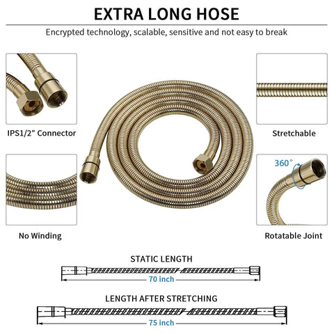 Coiled brass hose with connectors for High Pressure 6 Setting Detachable Handheld Shower Head With Extra Long Flexible Hose