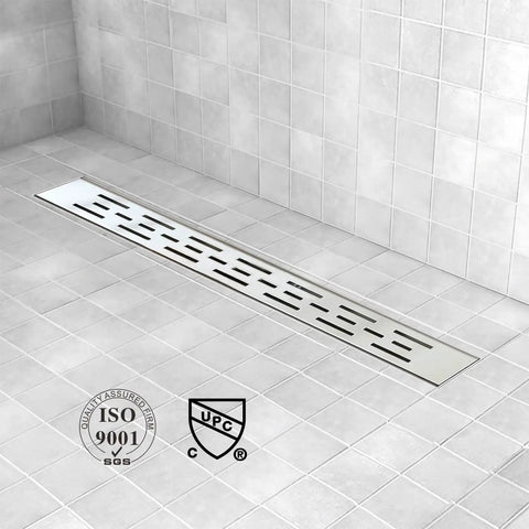 24 Inch Linear Shower Drain With Bar Pattern Grate Stainless Steel AISI 304 Built To Last Rustproof And Fast Drainage In Tiled Bathroom Floor