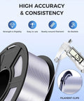 Silk PLA Filament 1.75mm Silver 1.1Kg Spool with caliper measurement, highlighting high accuracy and consistency for FDM 3D printers.