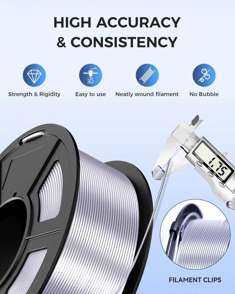 Silk PLA Filament 1.75mm Silver 1.1Kg Spool with caliper measurement, highlighting high accuracy and consistency for FDM 3D printers.