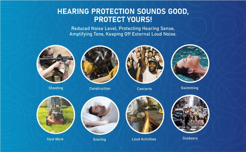 Image showcasing uses of Reusable Silicone Ear Plugs Bulk Pack For Swimming Sleeping Concerts And Music, including yard work and snoring.
