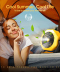 Portable Misting Fan With USB Rechargeable Battery, 8 Inch Cooling Mist Fan beside relaxed woman in tent