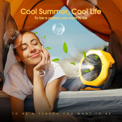 Portable Misting Fan With USB Rechargeable Battery, 8 Inch Cooling Mist Fan beside relaxed woman in tent