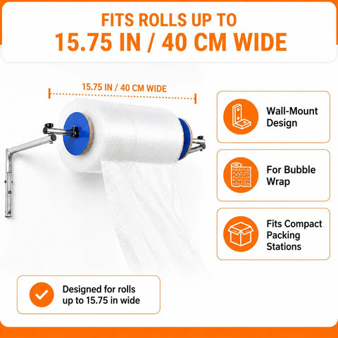 Heavy Duty Wall Mount Bubble Wrap Dispenser fits rolls up to 15.75 in, galvanized steel for efficient packing in warehouses.