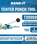 Top Shelf Center Punch Installer With Built In Cutter For 5/8 And 3/8 Inch Hose Clamps Knockout Setup For Duct Hangers And Plumbing Jobs Nailed Without Any Hassle showcasing dimensions and design.