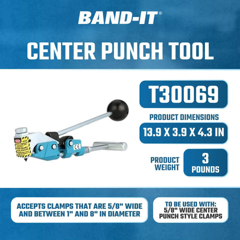 Top Shelf Center Punch Installer With Built In Cutter For 5/8 And 3/8 Inch Hose Clamps Knockout Setup For Duct Hangers And Plumbing Jobs Nailed Without Any Hassle showcasing dimensions and design.