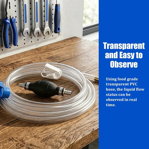 Heavy Duty Manual Car Gasoline Siphon Hose Pump With High Flow PVC Tube For Rapid Fuel And Water Transfer Portable Hand Pump laid on a wooden surface.