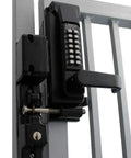 Marine Grade Mechanical Gate Lock With Dual Combination Keypad And Heavy Duty Lever Handle attached to a fence.
