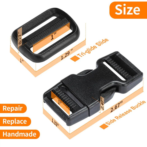 Heavy Duty 1 Inch Nylon Straps Kit With Quick Release Buckles, 6 Yards of Thick Webbing, 6 Pack of Adjustable Side Release Buckles, 12 Tri Glide Clips, Black Combo Set for DIY Projects No Sew Needed, showing tri-glide slide and side release buckle dimensions.