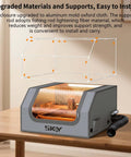 Front view of Skouphy laser engraver enclosure with LED light, gray metal, ventilation hose attached.