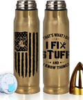 17oz Gold Stainless Steel Tumbler With American Flag Tool Design And I Fix Stuff And I Know Things Phrase shown with lid and bullet cap