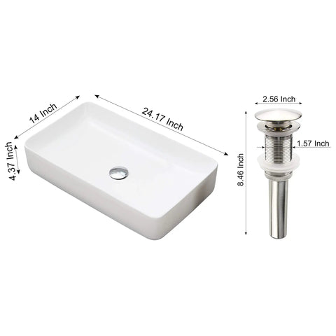Vessel Sink and Pop Up Drain Kit, 24 By 14 Inch Rectangular Above Counter White Porcelain Ceramic Bathroom Vanity Basin