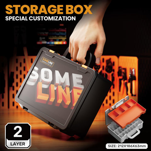 Hand holding a customized storage box with two layers, black exterior, and size 212x186x63mm, with compartments shown.