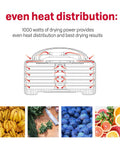 Built Like A Tank 1000W Food Dehydrator With Eight Expandable Trays And Converga Flow Airflow System diagram showing even heat distribution.