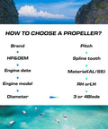Guide for selecting an outboard propeller with factors such as pitch, spline tooth, and material; tropical sea and cliffs backdrop.
