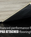 Heavy Density Sound Dampening Underlayment Roll For Luxury Vinyl Plank Flooring showing vinyl plank edge and underlayment pad.