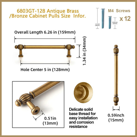 Six Pack Antique Brass Cabinet Pulls in Zinc Alloy for Kitchen and Furniture 5.04 Inch Center To Center 128mm, product dimensions and specifications