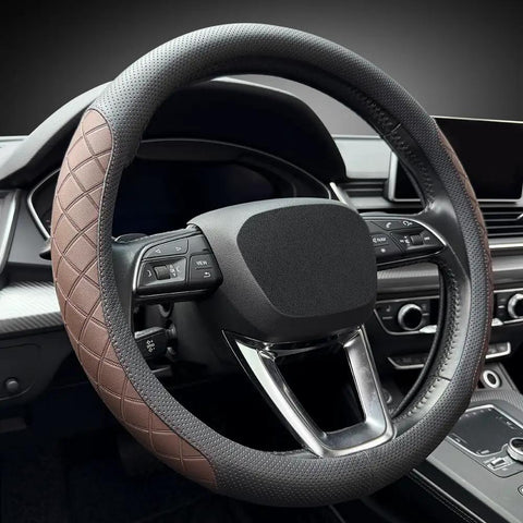 Kick It Up A Notch With Premium Nappa Leather Steering Wheel Cover Boasting Sharp Diamond Quilting For A Grippy Nonslip Feel That Keeps Your Hands Comfy During Every Long Haul Or City Commute In Smooth Black Brown Styling