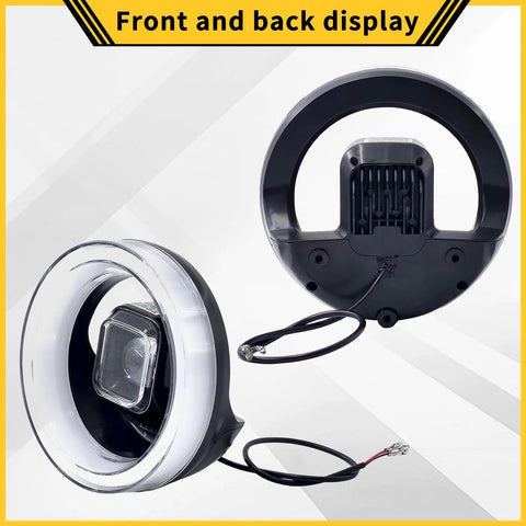 Ring Shaped Headlight With Built In Horn Control For Electric Bicycles, front and back view, plug and play design, Soleil01 compatible
