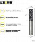 WEXWE carbide end mill, side view, 6-flute, 1/4 shank, 2.5 in length for alloy steel and cast iron