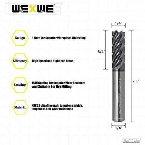 WEXWE carbide end mill, side view, 6-flute, 1/4 shank, 2.5 in length for alloy steel and cast iron