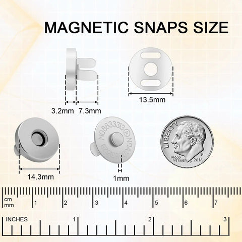24 Sets Magnetic Snaps For Purses And Totes, 14mm Magnetic Fastener Replacement Kit with size measurements, silver finish