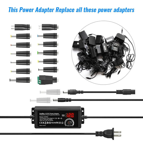 Universal AC DC Power Supply Adapter 72W Adjustable 3V To 24V Output With Voltage Display, 14 tips, and reverse polarity cable
