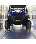 8 Pack 2 Inch By 15 Foot E Track Ratchet Straps With Reflective Webbing securing an ATV in a trailer