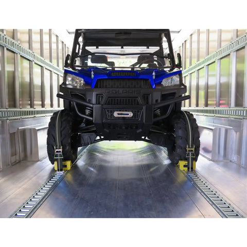 8 Pack 2 Inch By 15 Foot E Track Ratchet Straps With Reflective Webbing securing an ATV in a trailer