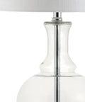 Close-up of 25 Inch Clear Chrome And Brass Glass Table Lamps Set Of 2 With White Linen Drum Shades, Modern Bedside Lamps For Bedroom Or Living Room