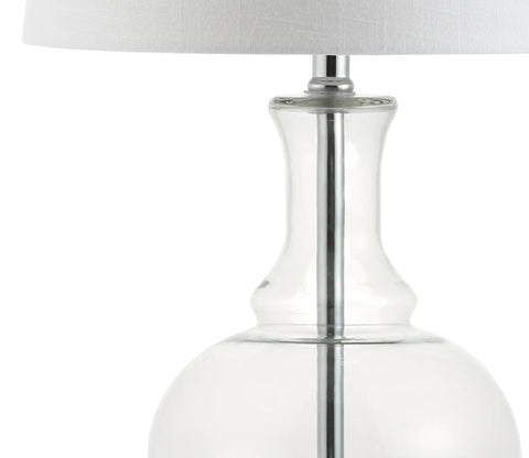 Close-up of 25 Inch Clear Chrome And Brass Glass Table Lamps Set Of 2 With White Linen Drum Shades, Modern Bedside Lamps For Bedroom Or Living Room