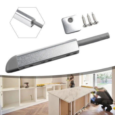 Magnetic Push To Open Cabinet Catch Latch For Drawer And Wardrobe Doors in silver, aluminum alloy with screws, installation in progress.