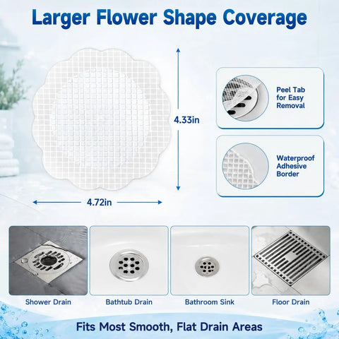 Super Slick Disposable Shower Drain Hair Catchers, 40 Pack Flower Mesh Grates With Strong Waterproof Tape, Easy Peel And Toss for larger flower shape coverage.