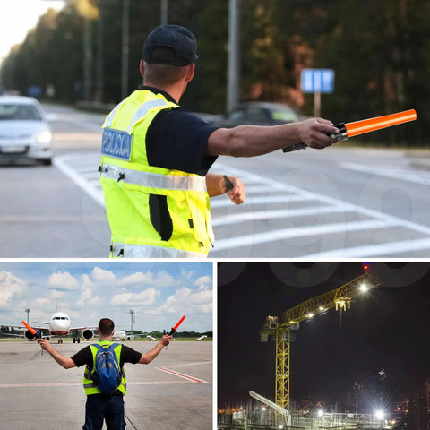 4 Pack 11-Inch Traffic Wand LED Flashlight With 7 Red Flash Modes used by parking attendant and air traffic director.